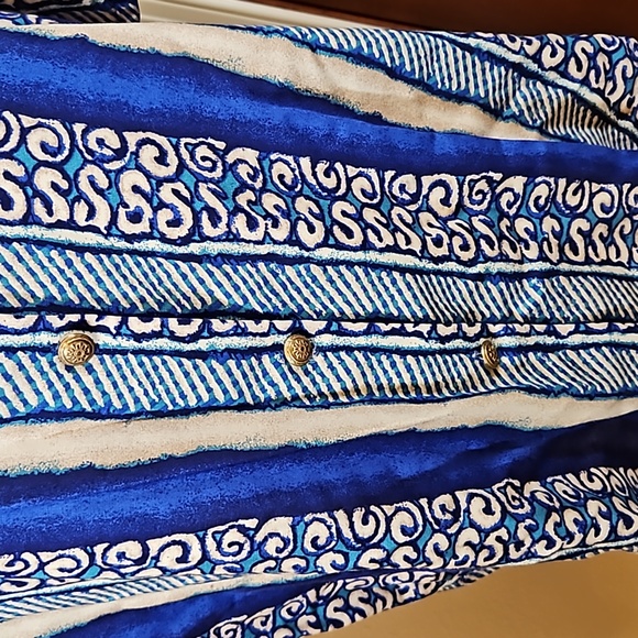 VINTAGE KATHY LEE BLOUSE PLUS 16W BLUE AQUA GOLD BUTTONS SHOULDER PADS TOP - Picture 5 of 8